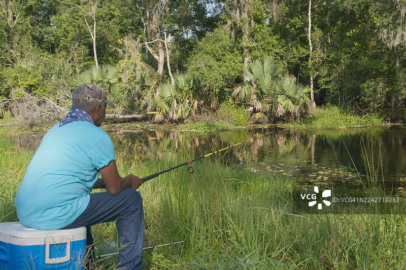 男子在沼泽地钓鱼图片素材