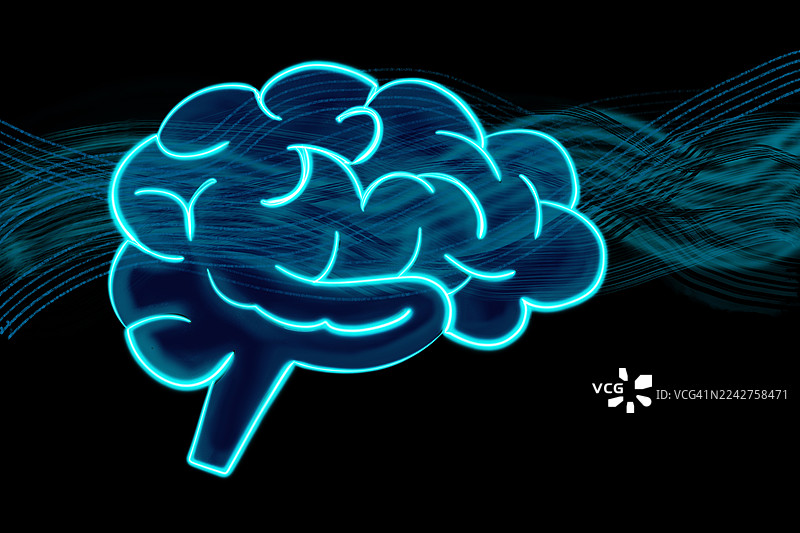 霓虹蓝色的脑部插画，带有流动波浪，代表思维清晰和专注图片素材