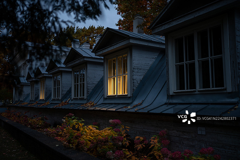秋日阴沉的傍晚，户外花园里的房子，窗户透出温馨舒适的灯光，旁边是绣球花丛。图片素材