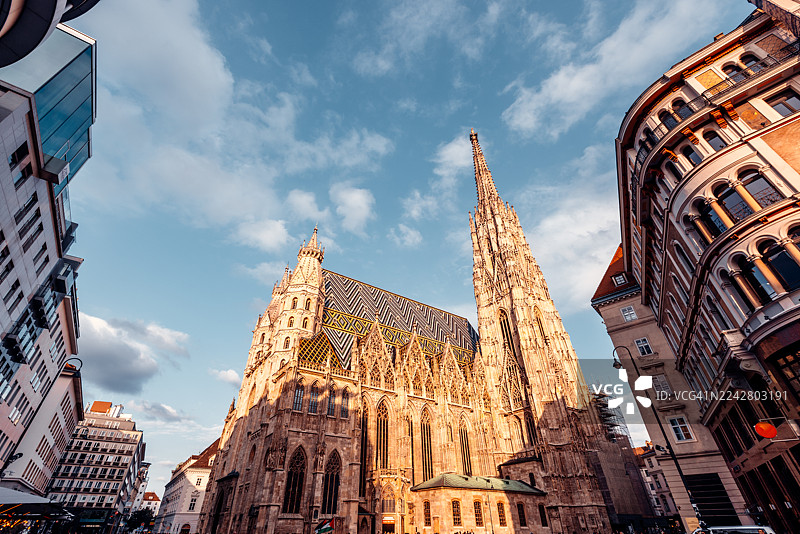 圣斯蒂芬大教堂在阳光明媚的日子里，广角视角，奥地利维也纳图片素材