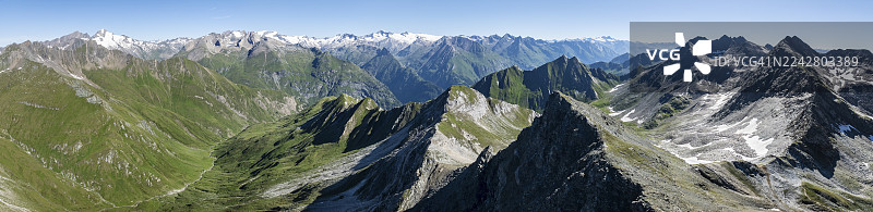 360度高山全景，俯瞰大维内迪格峰、维内迪格山群和拉索尔林山群，位于奥地利高陶恩国家公园图片素材