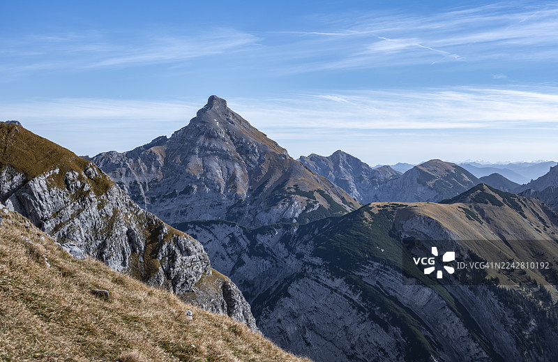 奥地利蒂罗尔州卡文德尔山脉东部的山地景观，拥有独特山峰，天空晴朗图片素材