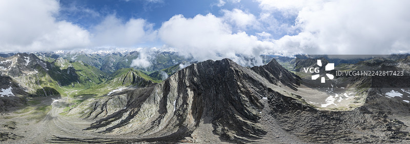 360度高山全景，航拍，拉索尔林峰，拉索尔林山群，霍赫陶恩，东蒂罗尔，奥地利图片素材
