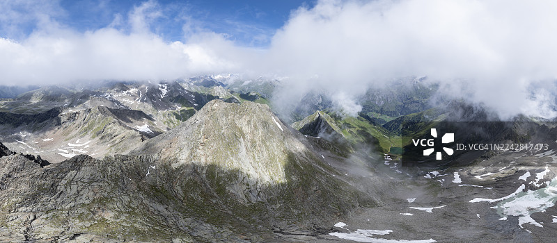 360度高山全景，鸟瞰图，拉索尔灵峰，拉索尔灵山脉，霍赫陶恩，东蒂罗尔，奥地利图片素材