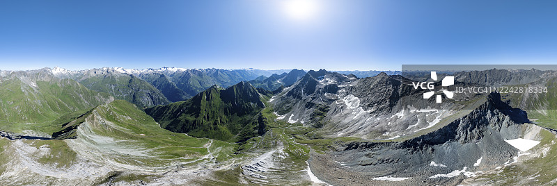 360度高山全景,鸟瞰大维内迪格峰、维内迪格山群和拉索尔林山群,位于奥地利高陶恩国家公园图片素材