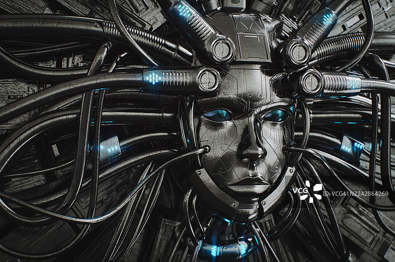 AI偶像，周围环绕着发光的电缆 - 广角图片素材