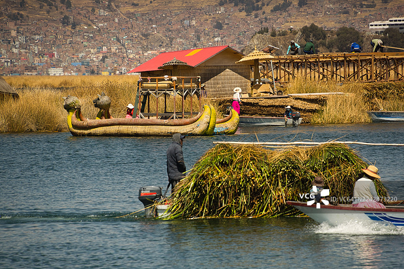 乌鲁斯船在的的喀喀湖上运载托托拉芦苇，用于建造或修复浮岛。图片素材