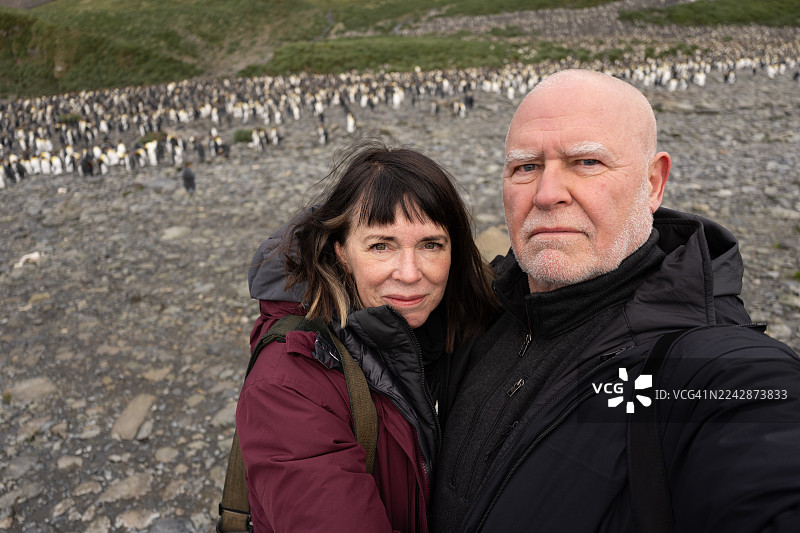 背景有企鹅群的男人和女人图片素材