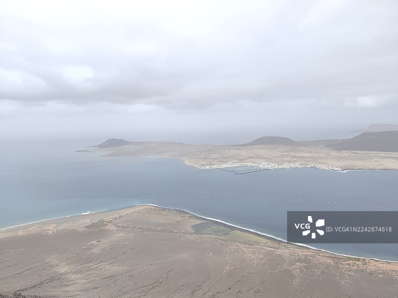 西班牙拉斯帕尔马斯，多云天气下，崎岖海岸线与平静海面，展现着一座小型岛屿定居点的戏剧性鸟瞰图图片素材