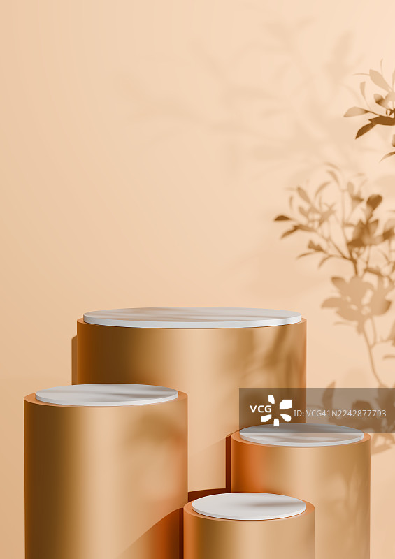 金色圆柱形产品展示架，背景为桃色，带有植物阴影图片素材