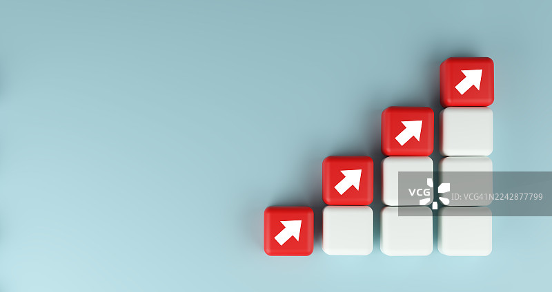 蓝色背景上红白相间的积木和上升箭头，象征着增长和进步图片素材
