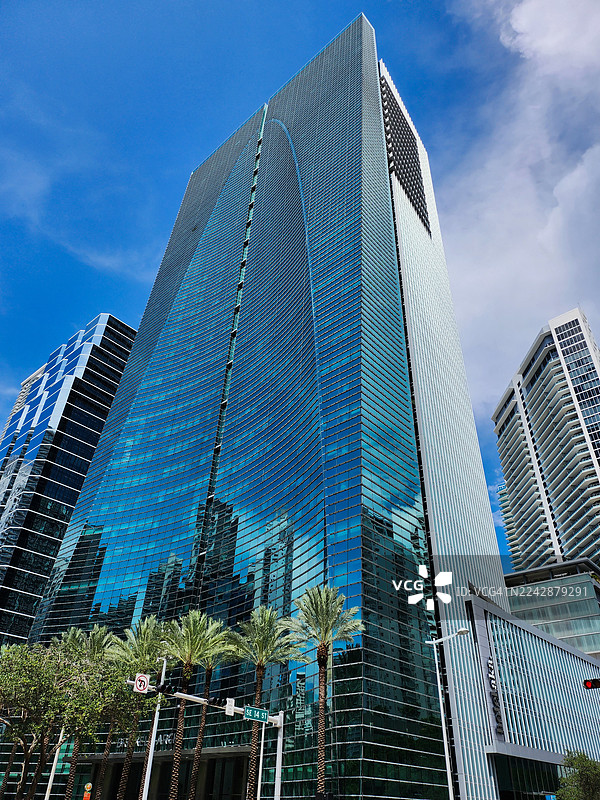 低角度拍摄的现代建筑，背景是明亮的蓝天和棕榈树图片素材