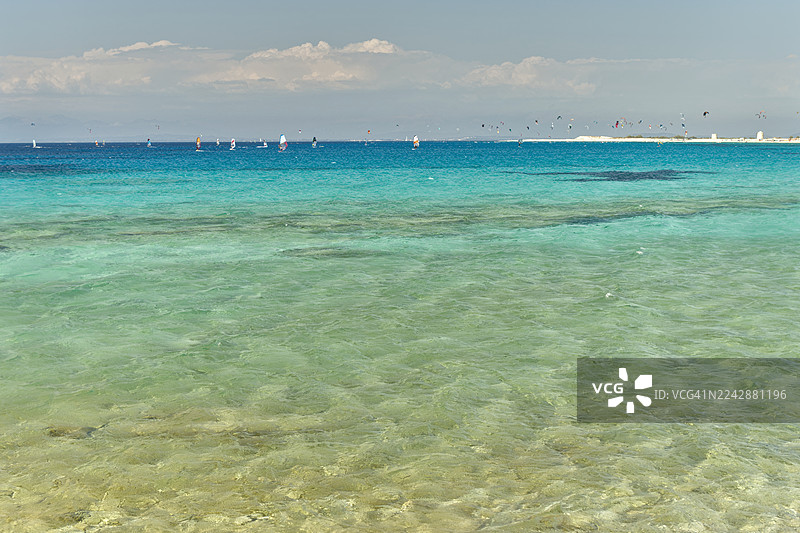 碧绿清澈的海面上，风帆冲浪者和风筝冲浪者在晴朗的天空下驰骋，构成一幅宁静的海滨景象。图片素材