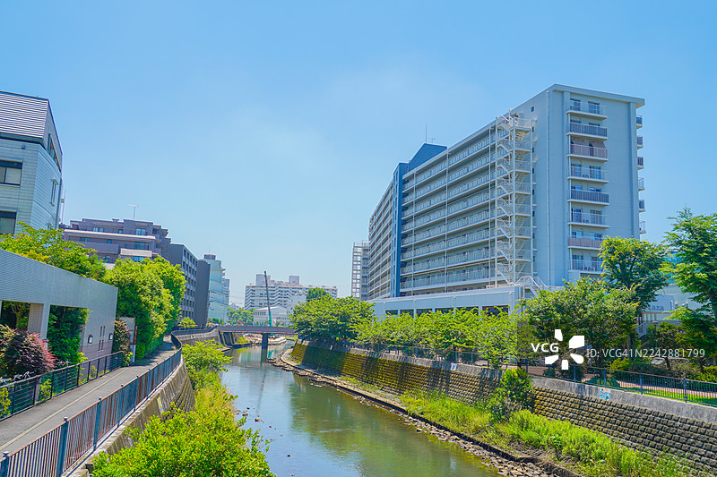 日本城市运河，两侧是现代建筑和葱郁绿植，天空湛蓝，日本宫殿图片素材