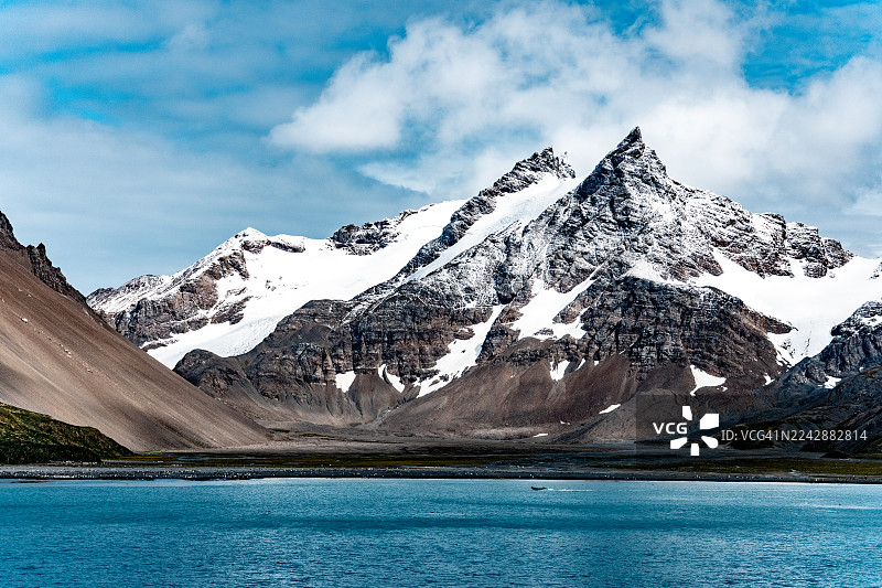 探险船“Zodiac”号抵达南乔治亚岛右鲸湾崎岖的海岸线。图片素材