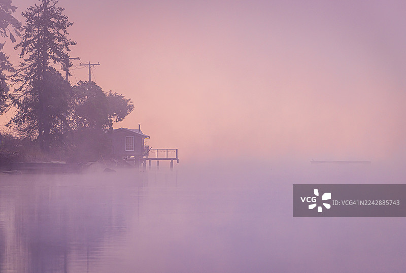 薄雾笼罩的湖泊与码头在黎明时分，美国，波尔斯博图片素材