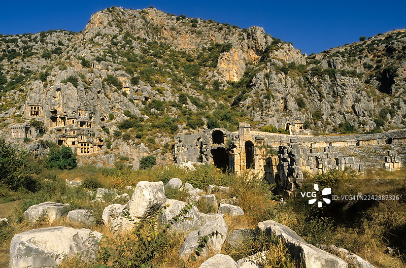 土耳其德姆雷，古吕西亚石刻墓葬和迈拉遗址在晴朗的蓝天映衬下图片素材