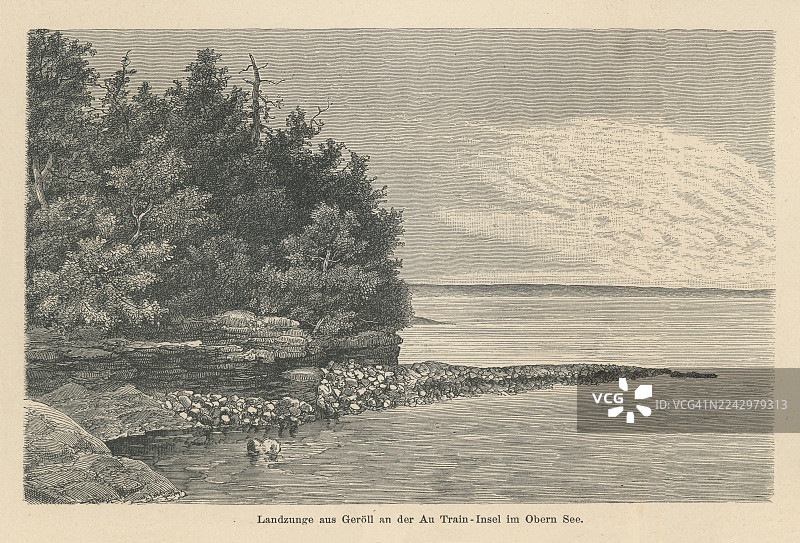 老式雕刻插图：奥川岛，苏必利尔湖南部海岸的一个岛屿图片素材