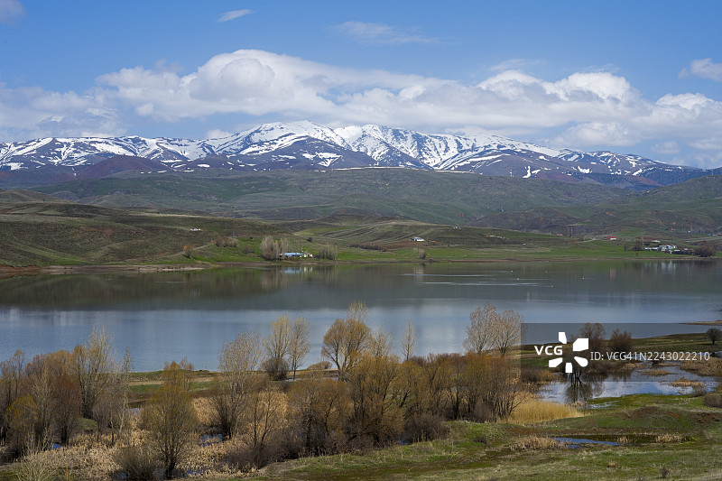 宁静的湖泊景色，湖泊被白雪覆盖的山脉环绕。树木和草地点缀着岸边，蓝色的天空中点缀着零星的云彩，伊姆兰利水库，伊姆兰利，克孜尔勒马克河，克孜尔勒马克，锡瓦斯省，土耳其图片素材