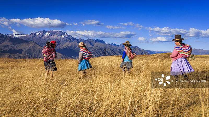 身着民族服饰的秘鲁妇女走过乌鲁班巴山谷的田野图片素材