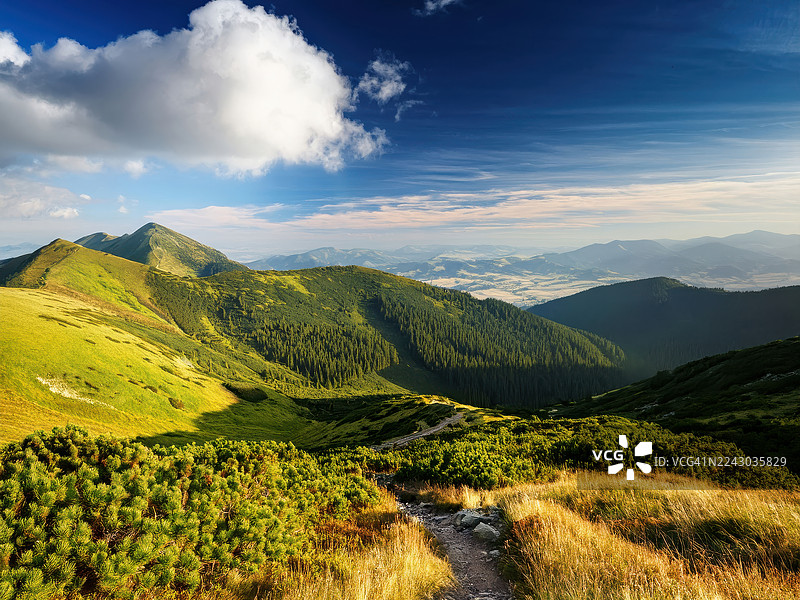 斯洛伐克，低塔特拉国家公园，日出时分雄伟的山景，拥有郁郁葱葱的绿色山坡和壮丽的天空图片素材