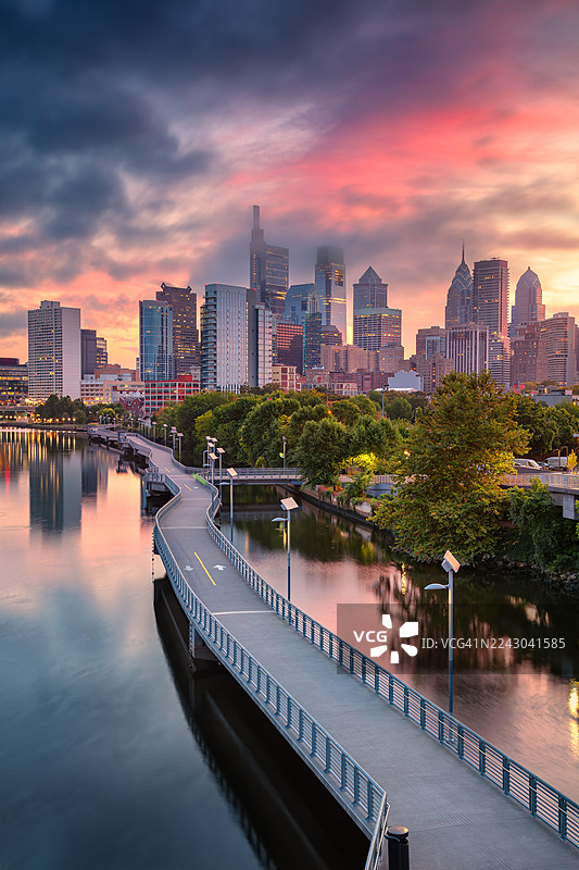 日落时分的费城天际线，前景是河流和人行桥，费城，美国，USA图片素材