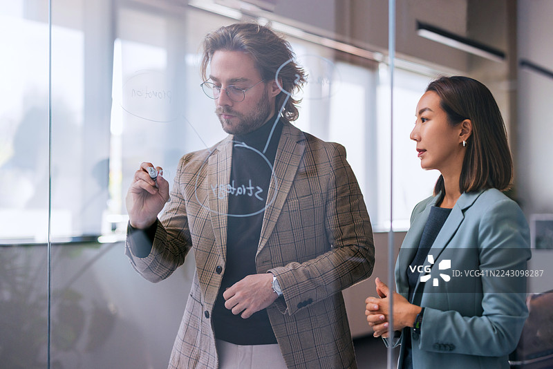 商务团队在玻璃幕墙办公室的头脑风暴会议上协作制定战略图片素材