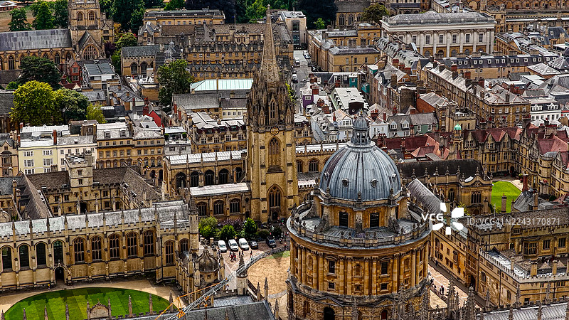 日落时牛津大学拉德克利夫图书馆和哥特式尖塔的鸟瞰图，英国历史建筑，包括谢尔顿剧院及周边学院，文化遗产与教育理念图片素材