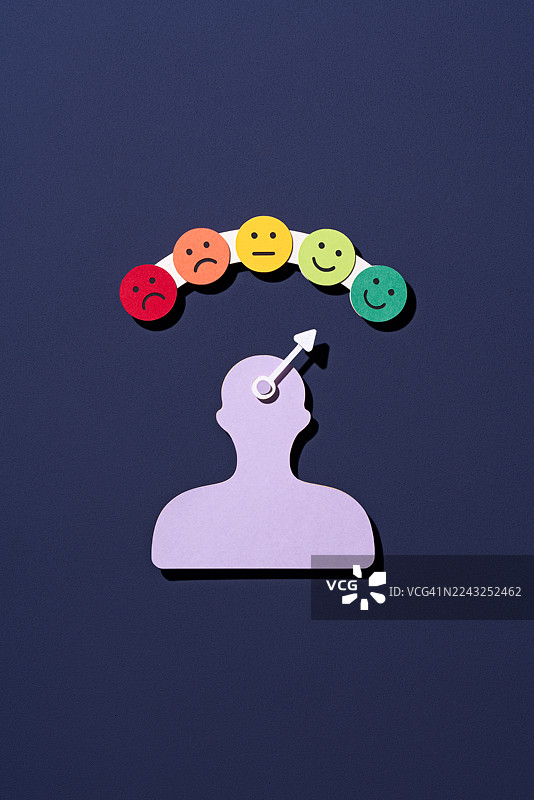 光标指向情绪量表上的笑脸，背景为人物剪影图片素材