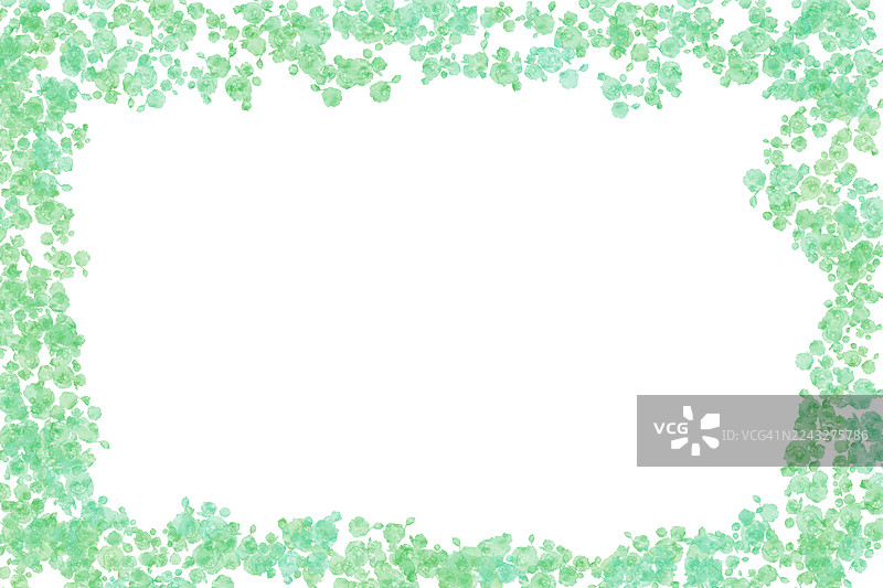 白色背景上带有绿色花朵和叶子的抽象水彩花卉边框。图片素材