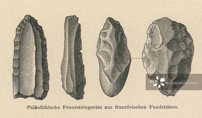 旧时的雕版插画，展示了旧石器时代的石器工具图片素材