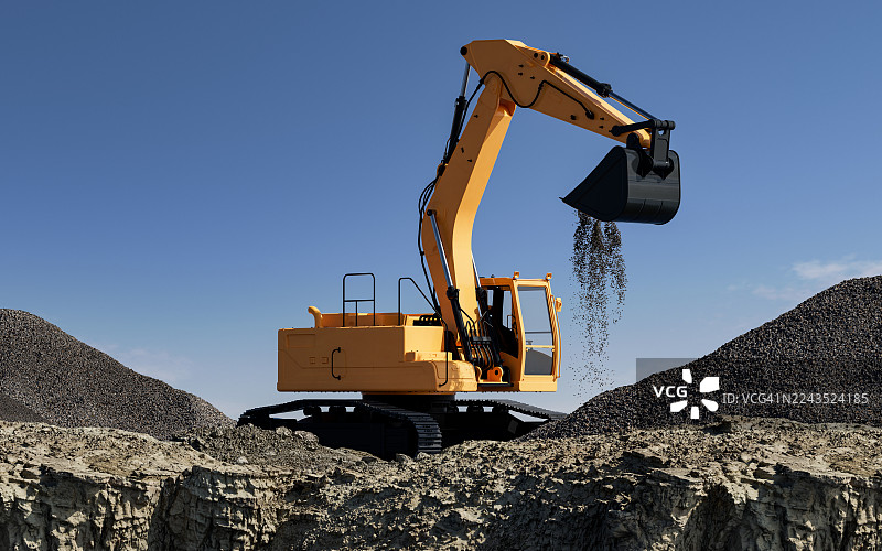 蓝天下建筑工地上，一辆黄色挖掘机正在倾倒砾石。图片素材