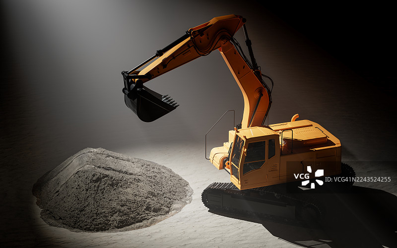 黄色挖掘机带铲斗，在戏剧性光线下靠近砾石堆图片素材