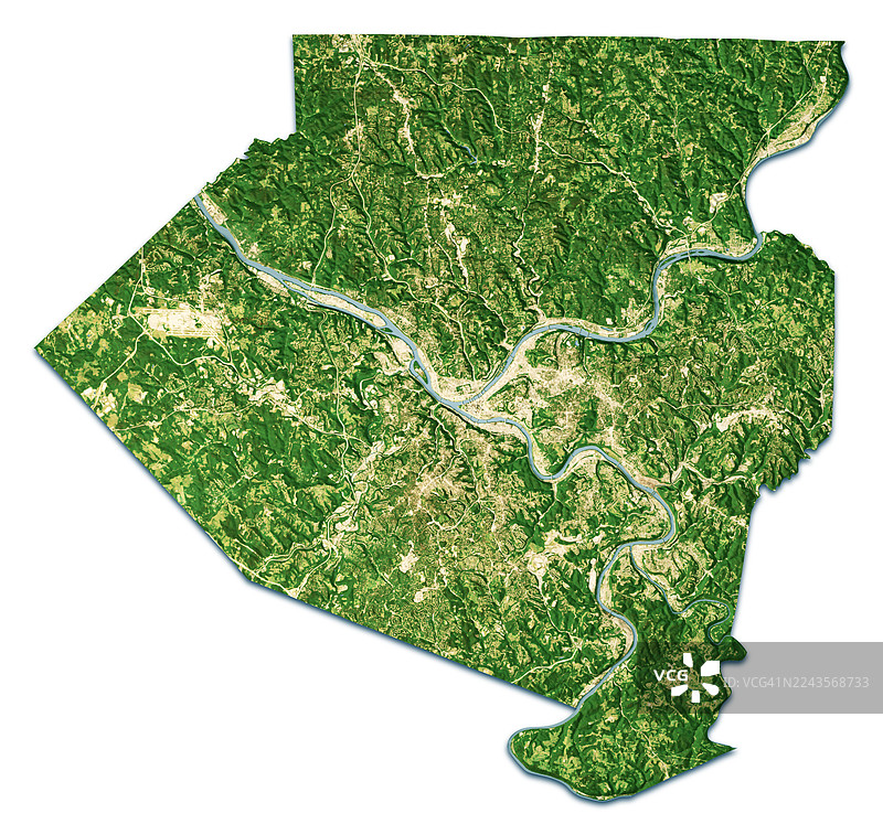 宾夕法尼亚州阿勒格尼县卫星地形图，三维渲染，孤立颜色图片素材