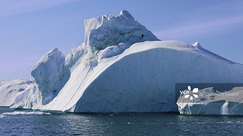 格陵兰伊卢利萨特，康吉亚峡湾和塞梅克库亚莱克冰川附近的船只游览图片素材