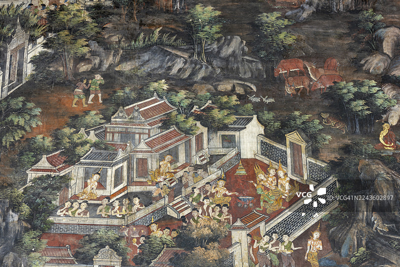 精美的壁画，泰国曼谷，Phra Nakhon，皇家寺庙，Wat Suthat Thepwararam 的 Phra Ubosot 或戒堂内部景观图片素材