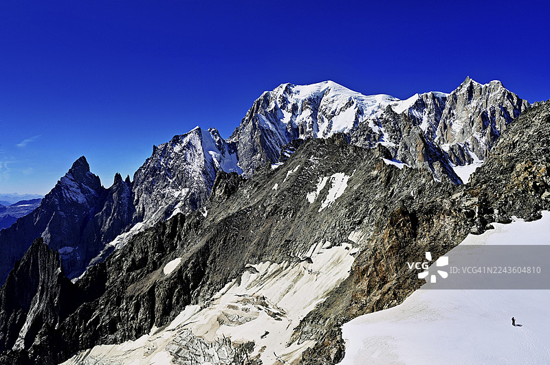 从左至右依次是：普特雷黑峰、普特雷白峰、勃朗峰、白朗峰、埃尔布龙峰观景台，霞慕尼勃朗，上萨瓦省，意大利法国分水岭图片素材