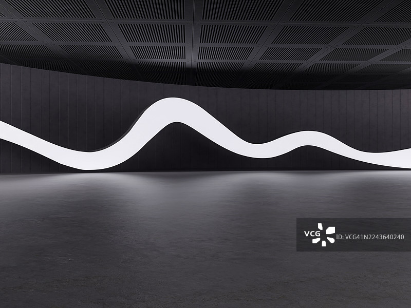 深色极简房间里的波浪形霓虹灯，未来感空房间图片素材