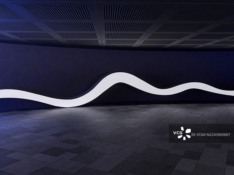 黑暗的室内，带有波浪形霓虹灯和反光地板的未来感空房间图片素材