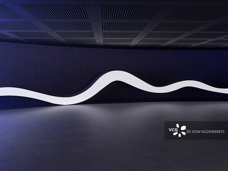 黑暗的室内，带有波浪形霓虹灯和反光地板的未来主义空房间图片素材