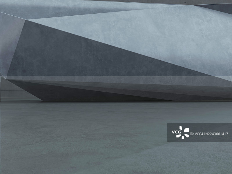 棱角分明的混凝土造型，带有纹理墙壁和反光地板，未来主义的空房间，3D渲染图片素材