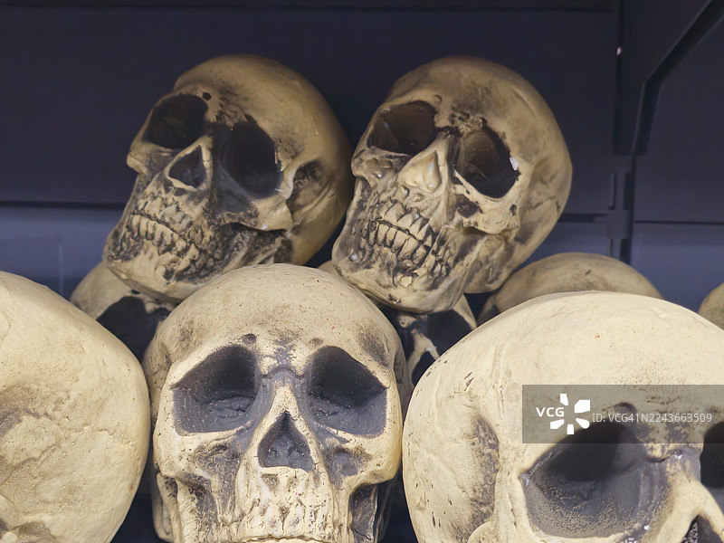 万圣节商店里堆放的骷髅头。图片素材