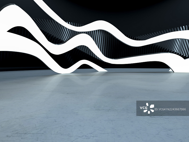 黑暗空旷空间中形成的波浪状霓虹灯，未来感空房间图片素材