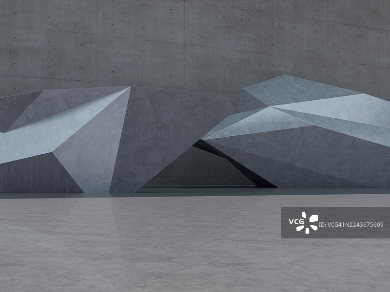 几何混凝土雕塑与纹理墙，未来主义的空房间，3D渲染图片素材