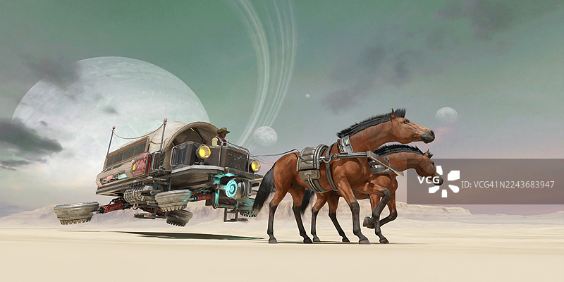 未来牛仔驾驶悬浮货车图片素材