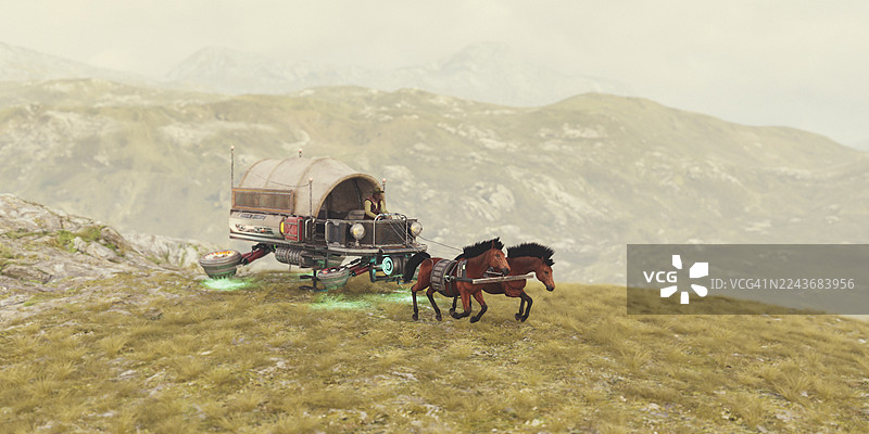 未来牛仔驾驶悬浮马车图片素材