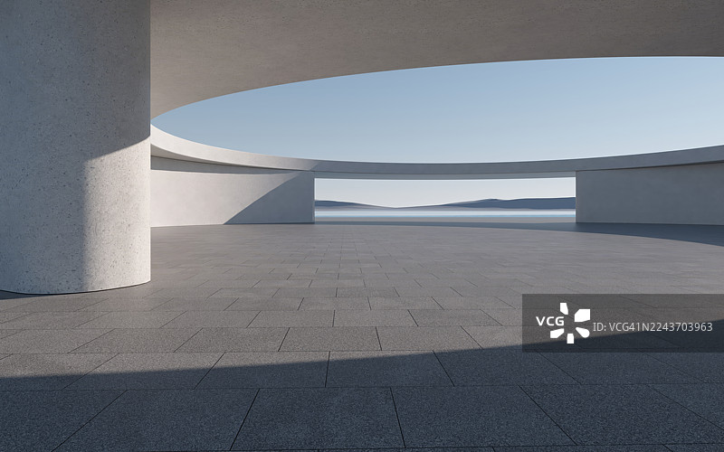 极简主义建筑空间，带有弧形白色造型和反光地板，混凝土户外方形建筑图片素材