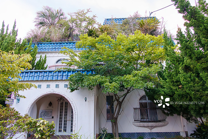 一座古老而气势恢宏的医院，爬满了藤蔓和植物。海滨小镇的夏日祭。图片素材