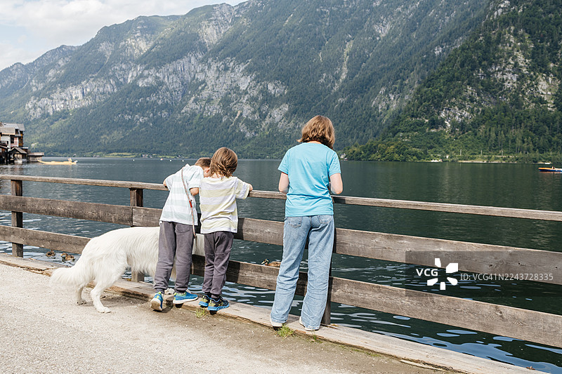 一家人带着他们的狗在哈尔施塔特湖边欣赏风景图片素材