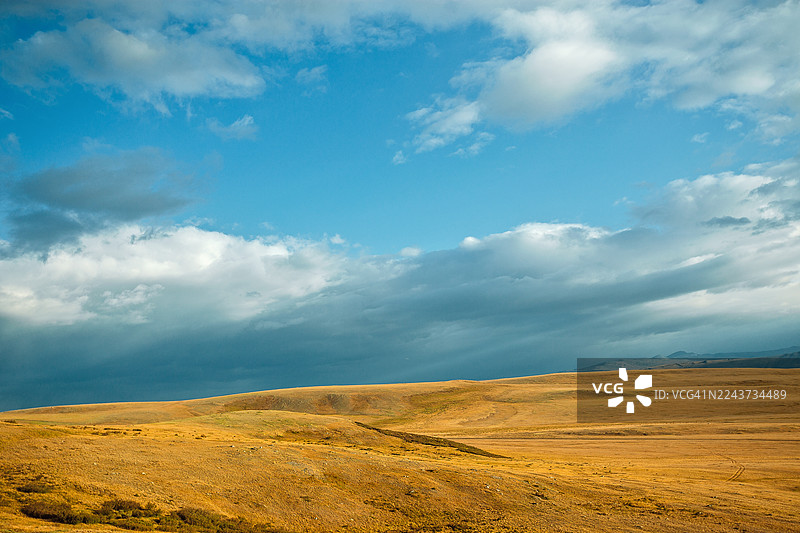 金色的草原在戏剧性的多云天空下。广阔的草原景观，有金色的草和充满层叠云彩的戏剧性天空。俄罗斯，阿尔泰共和国，乌科克高原，塔万博格德。图片素材